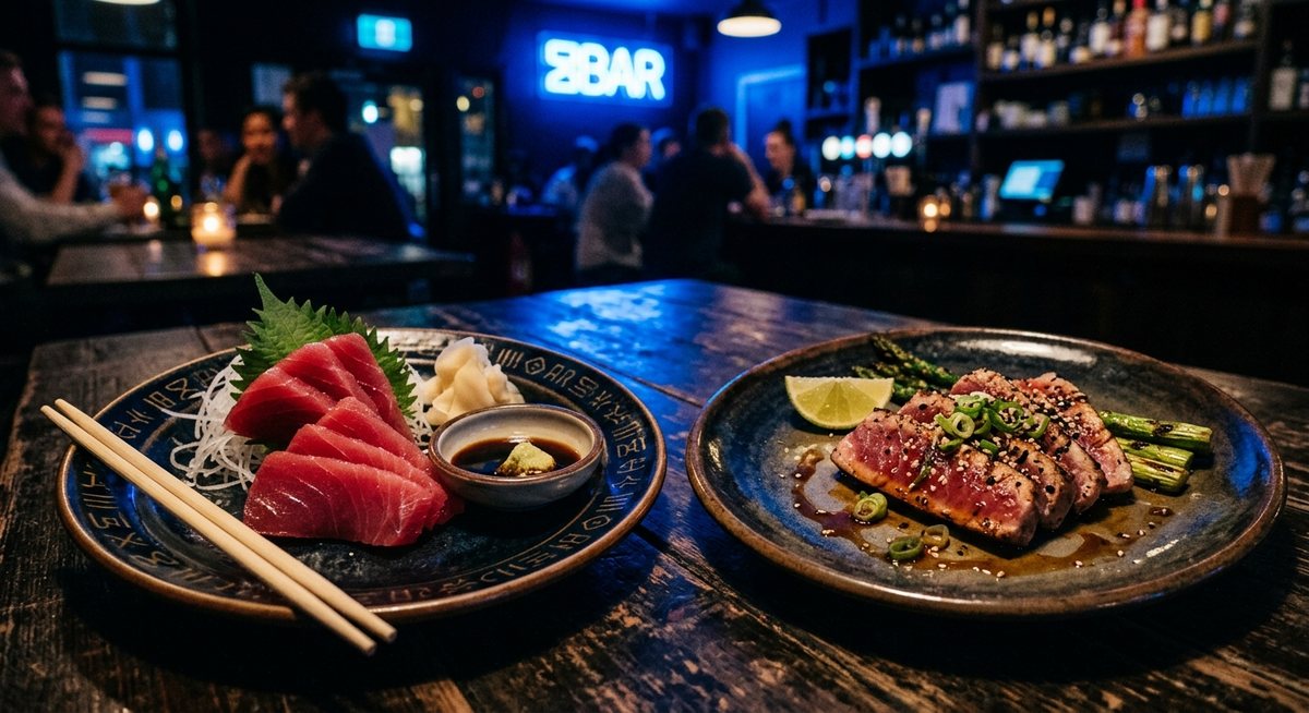 Hidangan tuna mentah iris segar dan tuna bakar di meja kayu restoran gelap dengan nuansa cahaya biru dan pola simbol BAR halus di pinggan