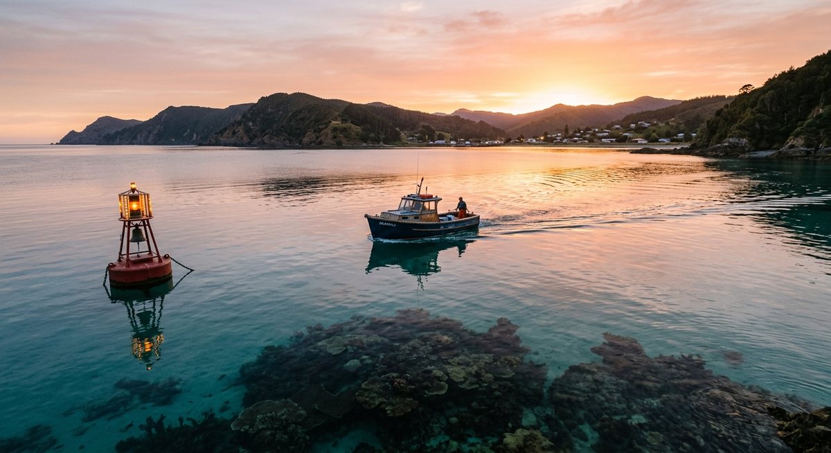 Teluk tenang saat matahari terbit dengan perahu kecil meninggalkan jejak di air jernih, terumbu tersamar di bawah permukaan, dan pelampung bel bercahaya mengapung