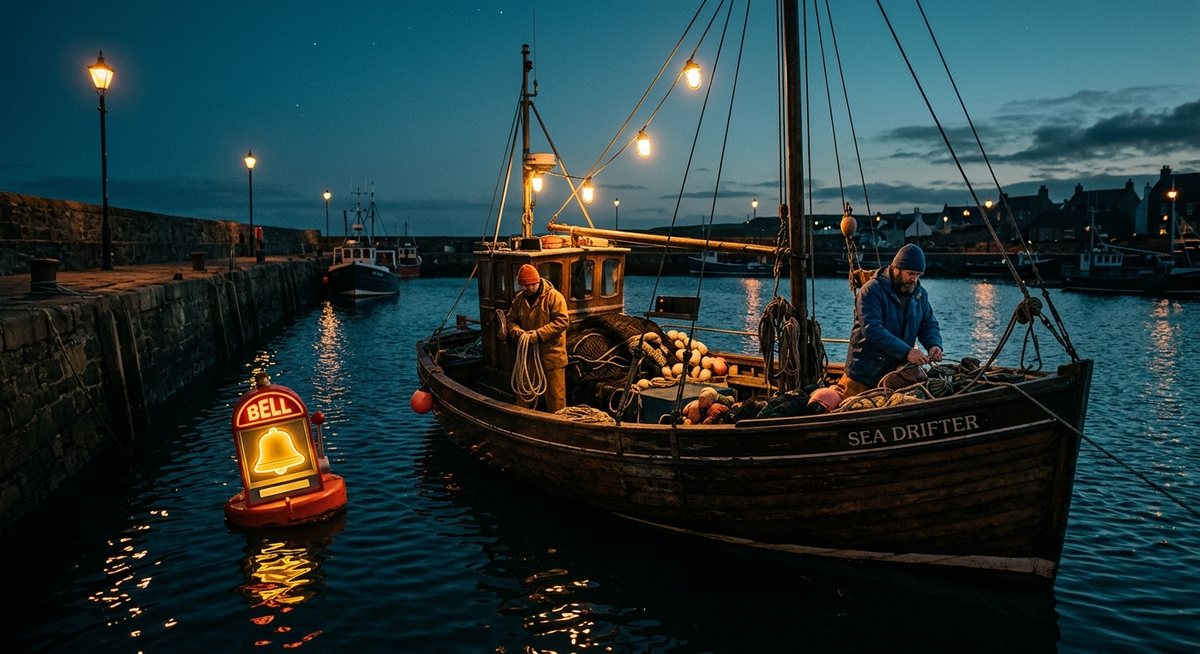 Nelayan menyiapkan perahu kayu saat fajar sebelum berangkat melaut dengan lampu dermaga menyala dan pelampung bel berbentuk simbol slot di tepi
