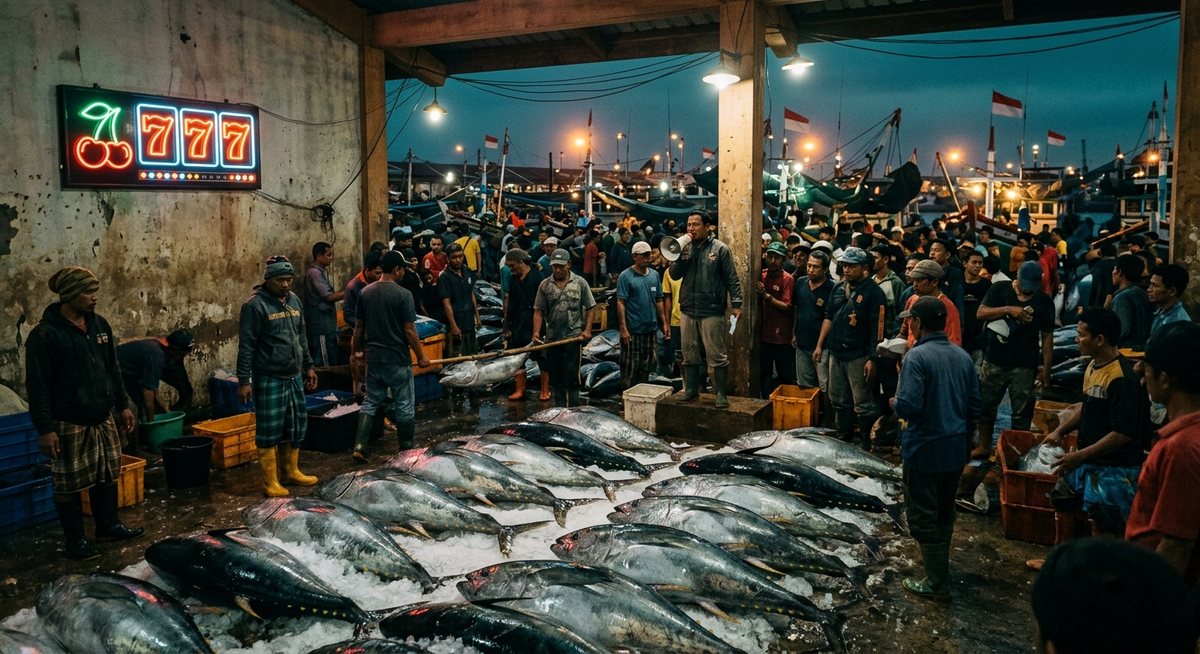 Suasana lelang ikan pagi di pelabuhan perikanan dengan tuna bertumpuk di atas es dan papan neon bertanda ceri serta tujuh di dinding