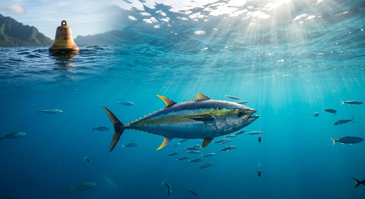 Tuna sirip kuning berenang dekat pancing trol di perairan tropis dengan cahaya pagi dan simbol bel terapung di kejauhan
