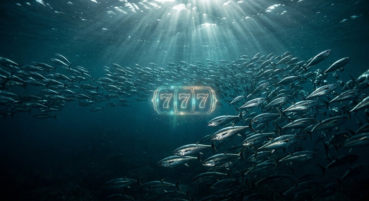 Kawanan ikan tuna berenang di perairan biru dalam dengan berkas cahaya dari permukaan dan simbol slot tujuh berkilau samar di air
